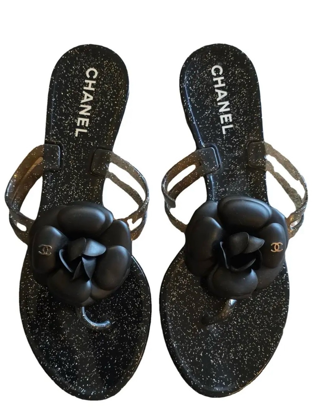 🆕 CHANEL Black Glitter Camellia Jelly Thong Sandals Slide Size 38
